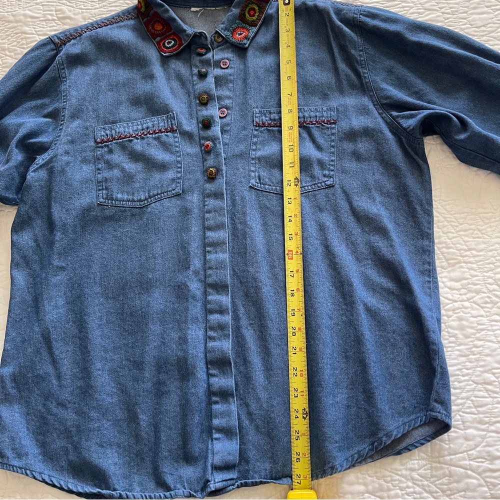 Vintage Blue Denim Embroidered Button Down Collared Blouse XL - Picture 9 of 10